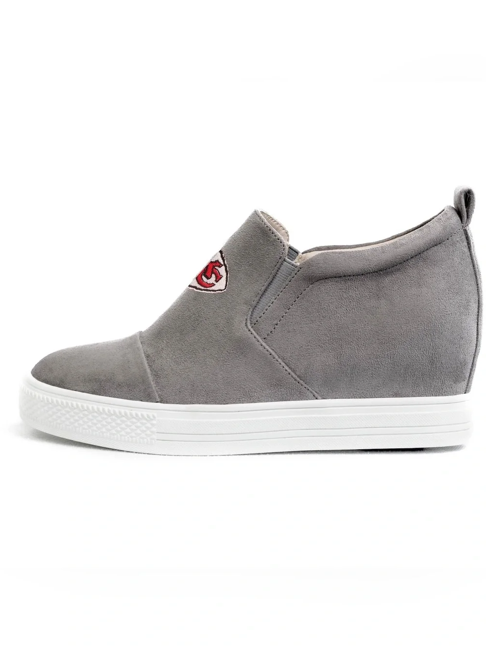 NFL Gray Suede Platform Wedge Sneakers with Red Logo